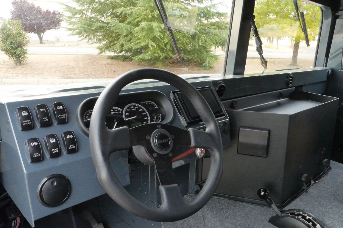 Powder-coated aluminum dash for humvee with rocker switches and gauges