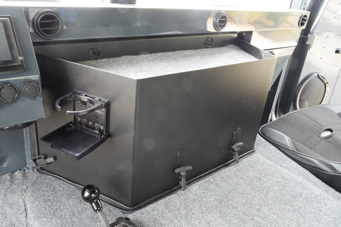 Closeup of humvee engine cover (dog house) for Duramax conversion with cup holder