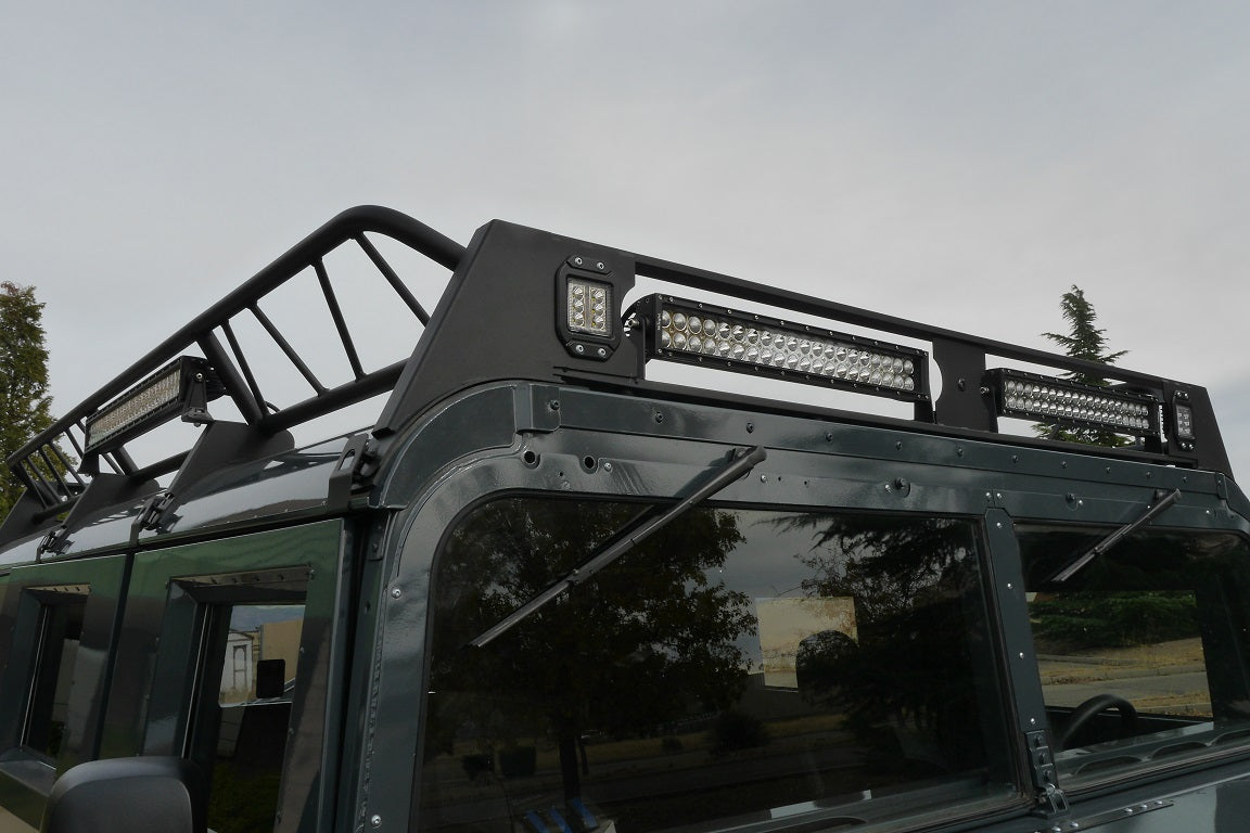 Close-up of powder-coated humvee roof rack with LED light bars attached