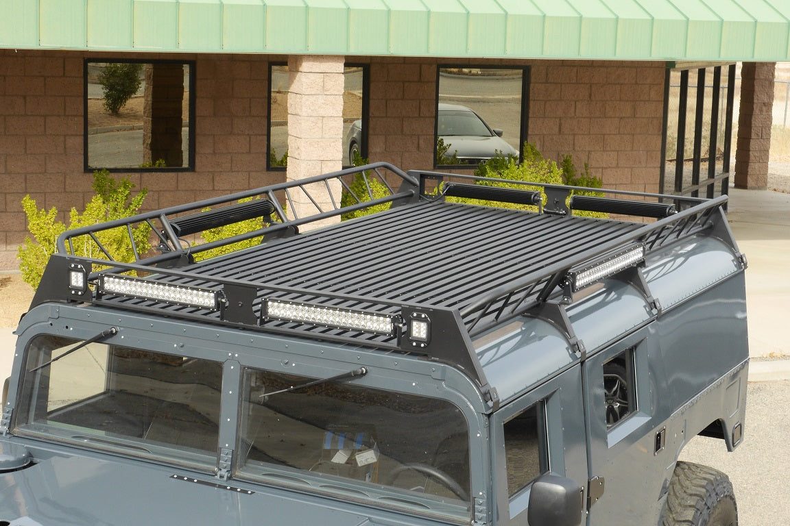 Looking down on powder-coated humvee roof rack with LED light bars attached